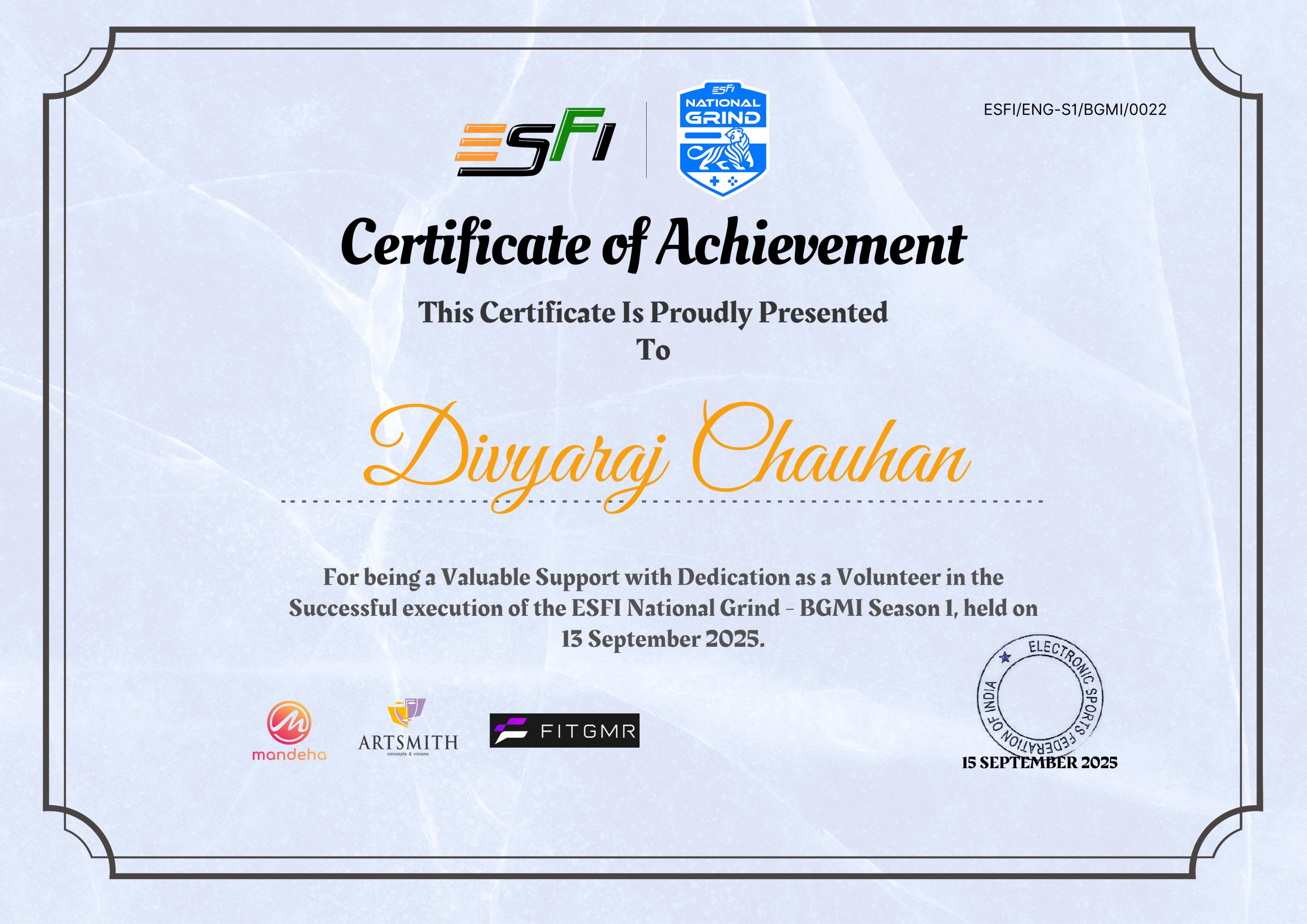 BGMI Organiser Certificate
